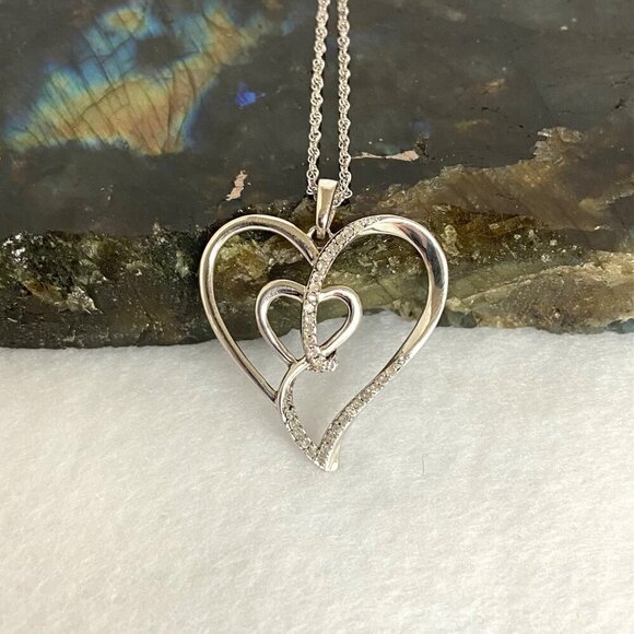 Sterling Silver 925 0.15 CTTW Diamond Heart In Heart Pendant Necklace 18" Chain - Picture 3 of 16